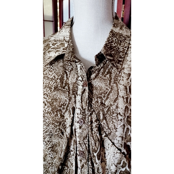 Epique Moi Women's Brown/Tan Runched Snake Print Button Front Blouse - Picture 11 of 16